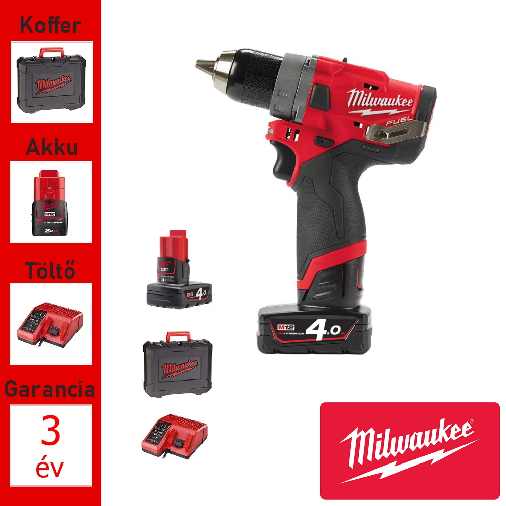 Milwaukee 12V akkus csavarozó + 2db 4Ah Li-ion akku, töltő, koffer